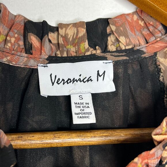 Veronica M Black Floral Boho Blouse Tie Neck Ruffle Top Small Feminine Chic - Picture 3 of 7